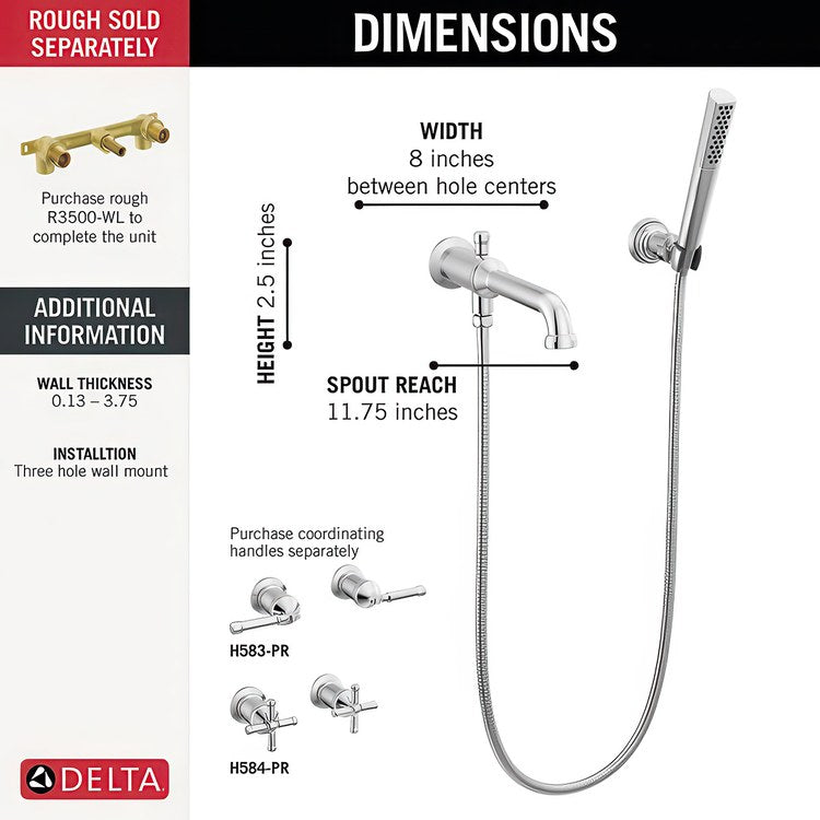 Tub Filler Broderick Wall Mount 8 Inch Spread Less Handle Lumicoat Polished Chrome - Image 2
