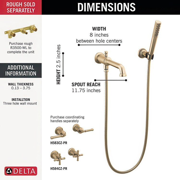 Tub Filler Broderick Wall Mount 8 Inch Spread Less Handle Lumicoat Champagne Bronze - Image 3