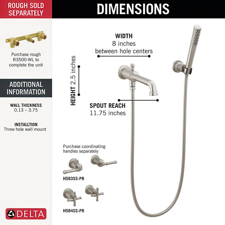 Tub Filler Broderick Wall Mount 8 Inch Spread Less Handle Lumicoat Stainless Steel - Image 3