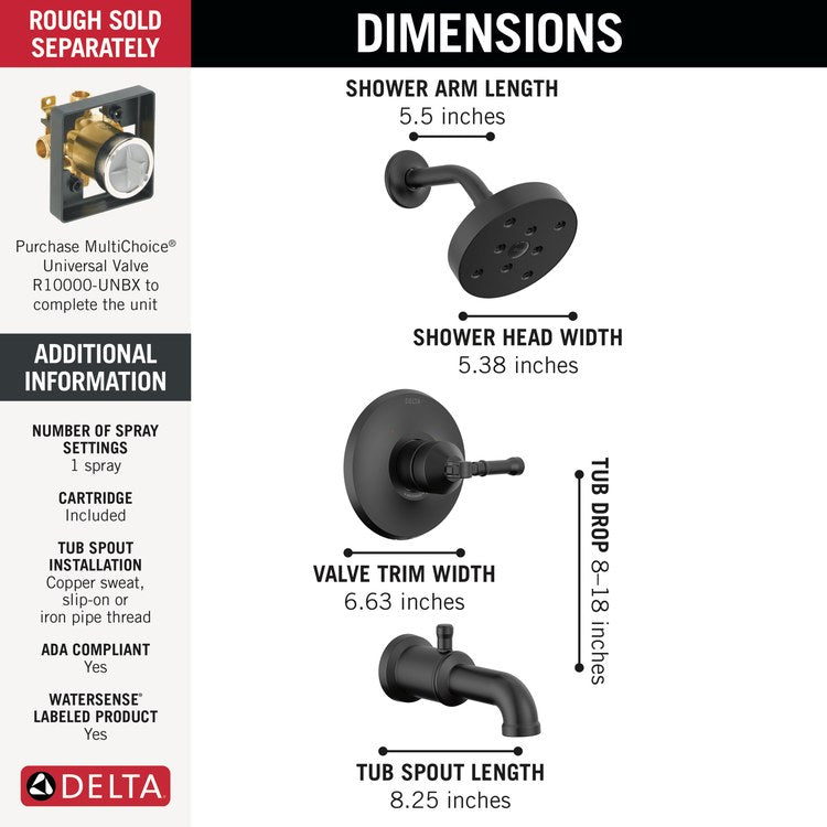 Tub and Shower Trim Broderick 17T 1 Lever Matte Black ADA 1.75 Gallons per Minute - Image 2