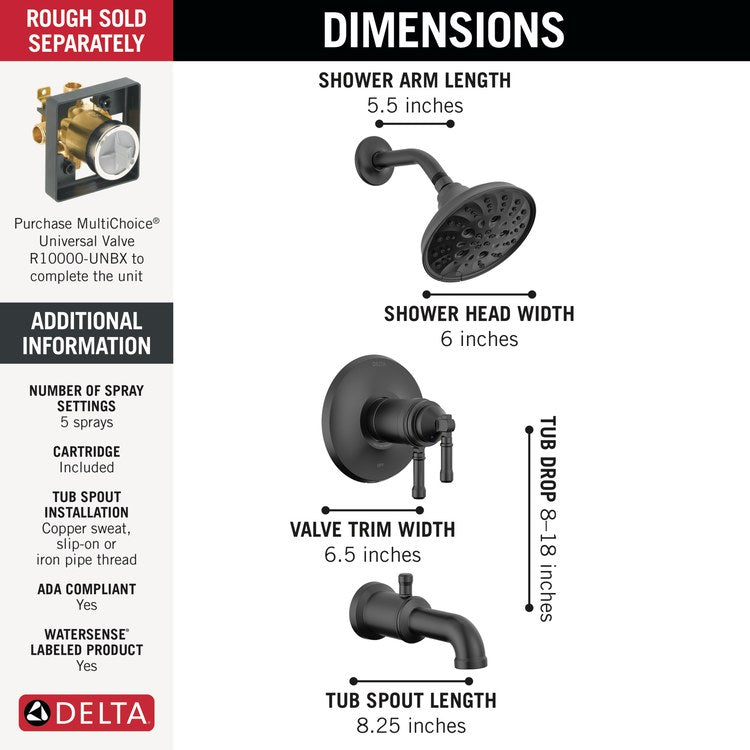 Tub and Shower Trim Broderick 17T 2 Lever Matte Black ADA 1.75 Gallons per Minute - Image 2
