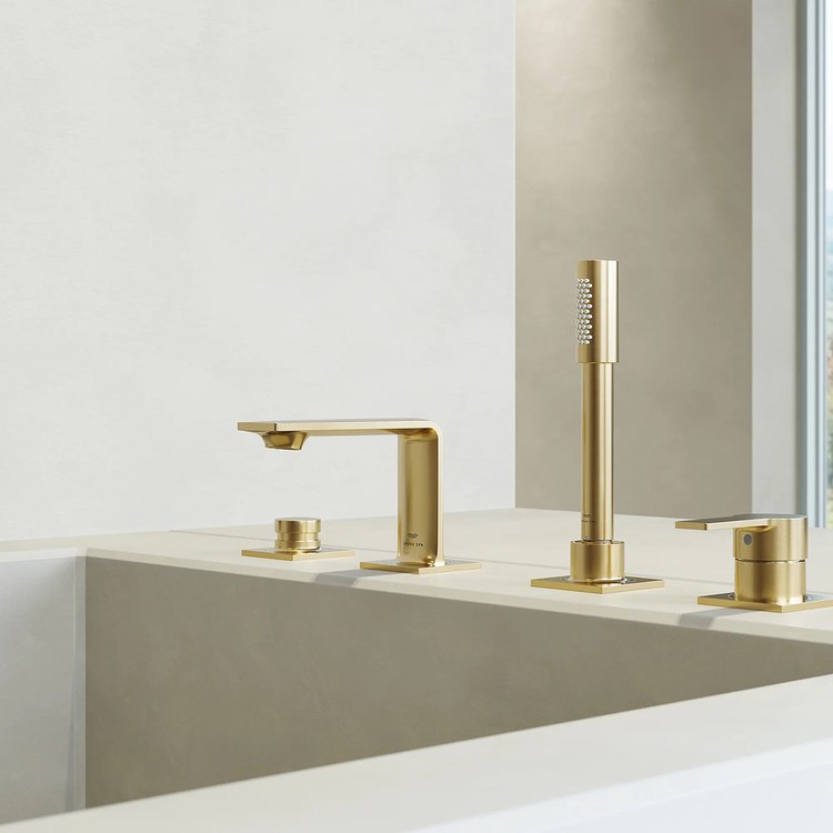 Roman Tub Filler Allure Deck Mount with Handshower 2 Knob/Lever Brushed Cool Sunrise - Image 3