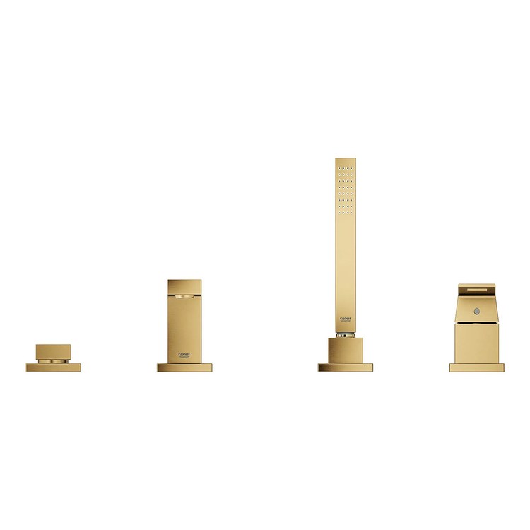 Roman Tub Filler Eurocube Deck Mount with Handshower 2 Lever ADA Brushed Cool Sunrise - Image 2