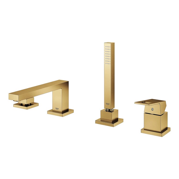 Roman Tub Filler Eurocube Deck Mount with Handshower 2 Lever ADA Brushed Cool Sunrise - Image 3