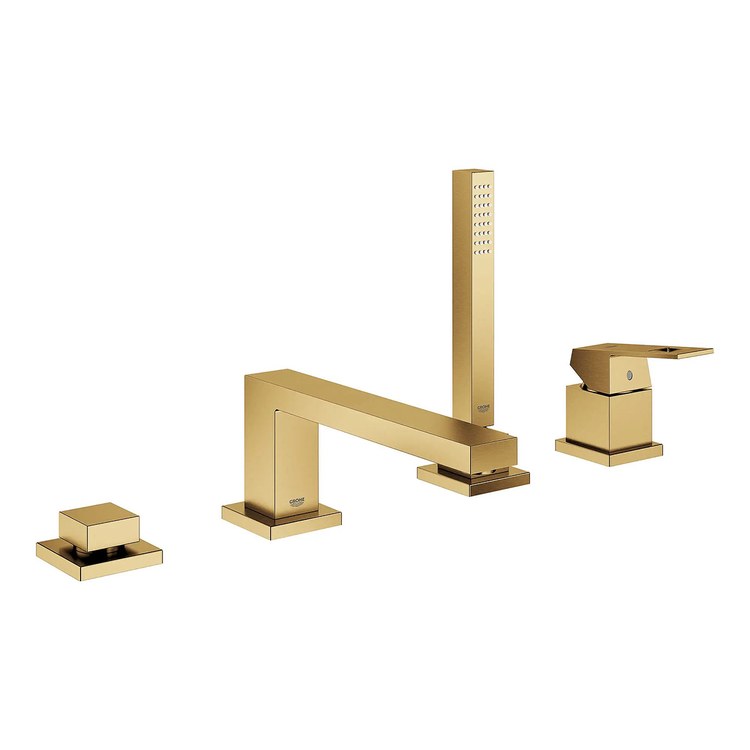Roman Tub Filler Eurocube Deck Mount with Handshower 2 Lever ADA Brushed Cool Sunrise - Image 1
