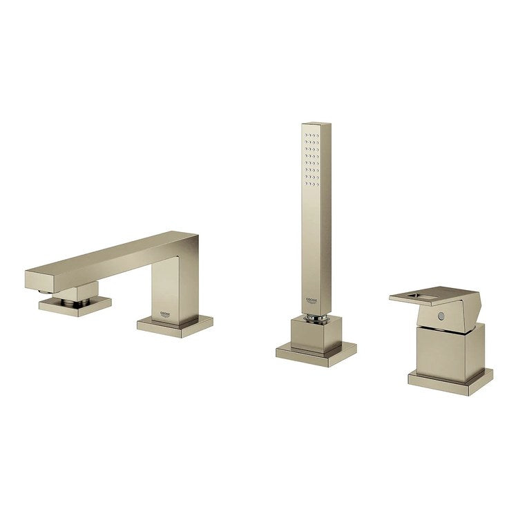 Roman Tub Filler Eurocube Deck Mount with Handshower 3 Lever ADA Brushed Nickel - Image 1