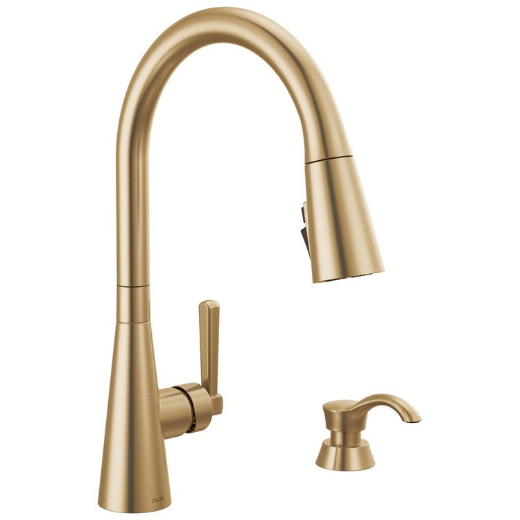 Kitchen Faucet Boyd with Soap Dispenser 1 Lever ADA Brilliance Champagne Bronze Pull Down 3 Function High Arc 360 DEG Swivel 1 Hole MagnaTite ShieldSpray Diamond Seal 1.8 Gallons per Minute - Image 1
