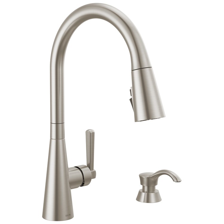 Kitchen Faucet Boyd with Soap Dispenser 1 Lever ADA Spotshield Stainless Pull Down 3 Function High Arc 360 DEG Swivel 1 Hole MagnaTite ShieldSpray Diamond Seal 1.8 Gallons per Minute - Image 1
