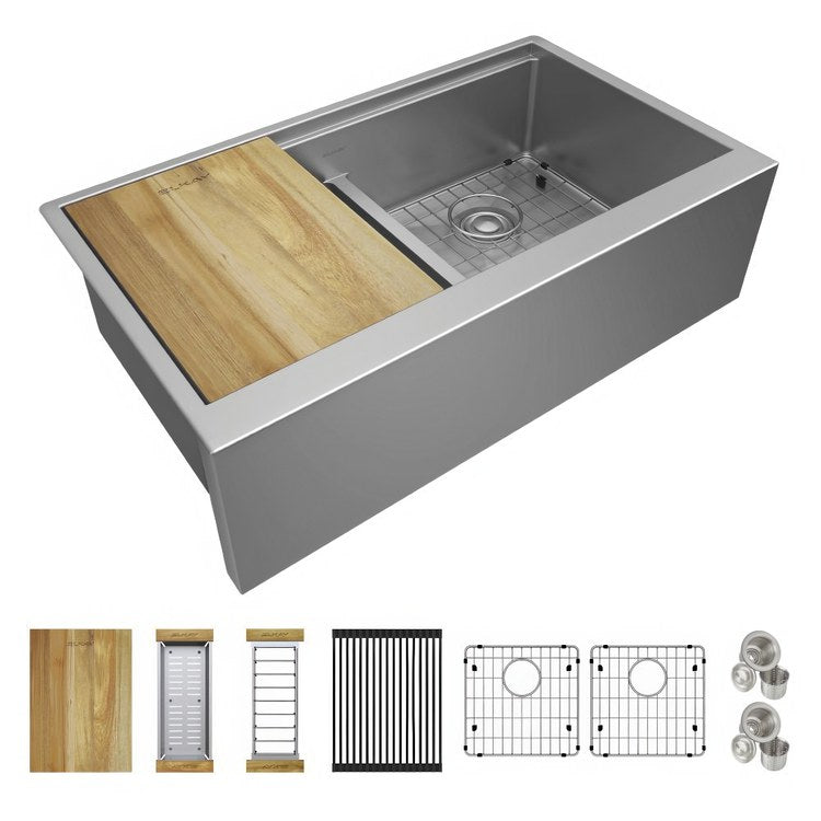 Sink Kit Crosstown Equal Farmhouse 32 Inch 2 Bowls Polished Satin/Brown Undermount - Image 1