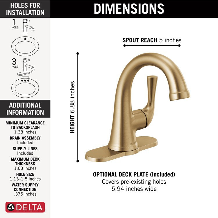 Lavatory Faucet Kayra with Deck Plate 1 Lever ADA WaterSense Brilliance Champagne Bronze 1.2 Gallons per Minute Metal Pop-Up 1/3 Hole - Image 2