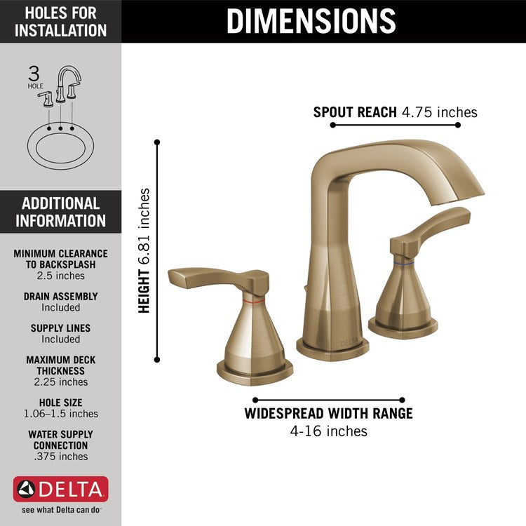 Lavatory Faucet Stryke Widespread 8 to 16 Inch Spread 2 Lever ADA WaterSense Lumicoat Champagne Bronze 1.2 Gallons per Minute Rigid Metal Pop-Up 3 Hole Diamond Seal - Image 2
