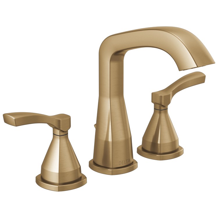 Lavatory Faucet Stryke Widespread 8 to 16 Inch Spread 2 Lever ADA WaterSense Lumicoat Champagne Bronze 1.2 Gallons per Minute Rigid Metal Pop-Up 3 Hole Diamond Seal