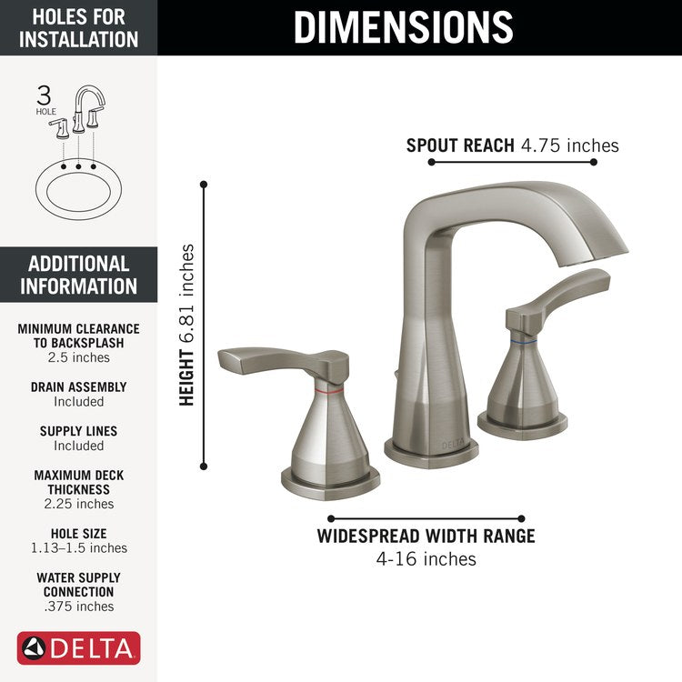 Lavatory Faucet Stryke Widespread 8 to 16 Inch Spread 2 Lever ADA WaterSense Lumicoat Stainless 1.2 Gallons per Minute Rigid Metal Pop-Up 3 Hole Diamond Seal - Image 2