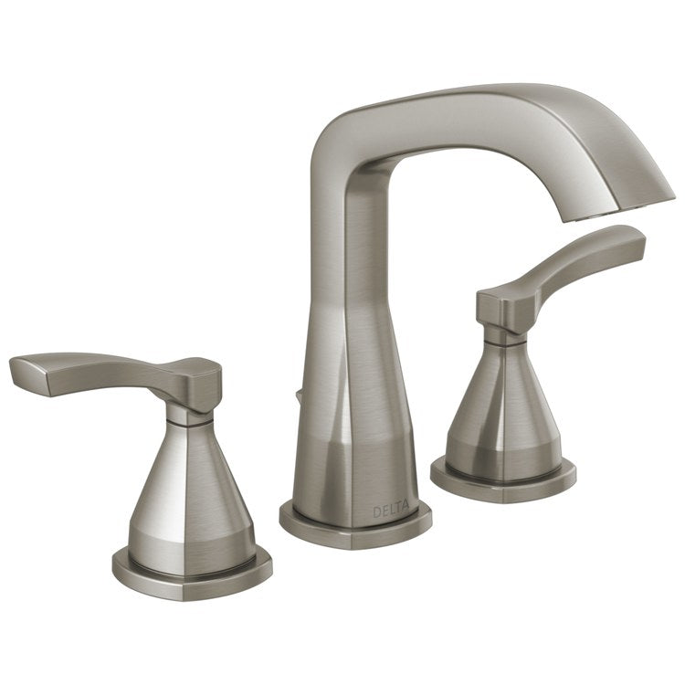 Lavatory Faucet Stryke Widespread 8 to 16 Inch Spread 2 Lever ADA WaterSense Lumicoat Stainless 1.2 Gallons per Minute Rigid Metal Pop-Up 3 Hole Diamond Seal