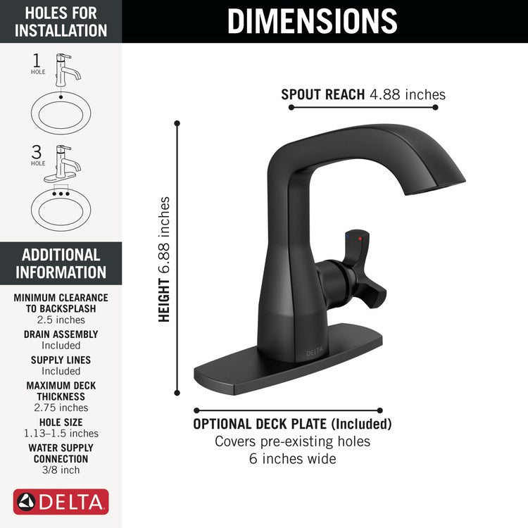 Lavatory Faucet Stryke 1 Helo ADA No-Lead/WaterSense Matte Black 1.2 Gallons per Minute Deck Low Arc Metal Pop-Up 1/3 Hole Diamond Seal Technology - Image 2