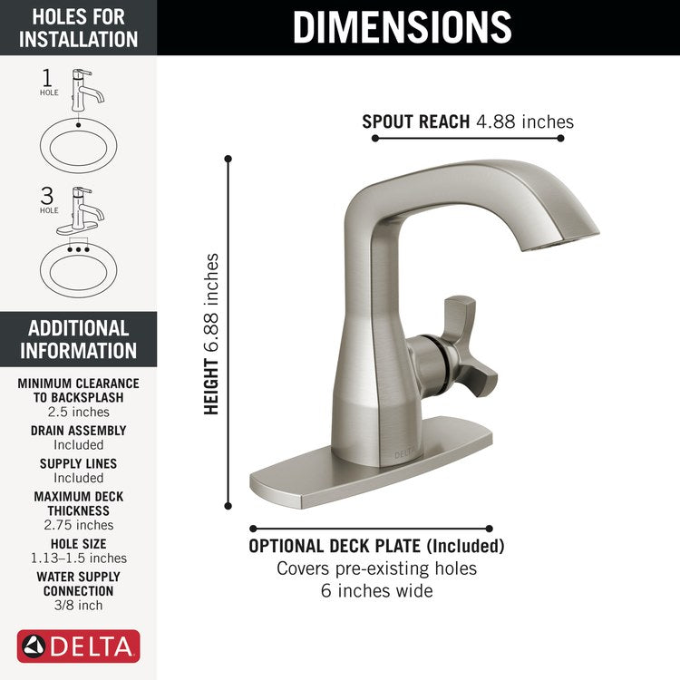 Lavatory Faucet Stryke 1 Helo ADA No-Lead/WaterSense Lumicoat Stainless 1.2 Gallons per Minute Deck Low Arc Metal Pop-Up 1/3 Hole Diamond Seal Technology - Image 2