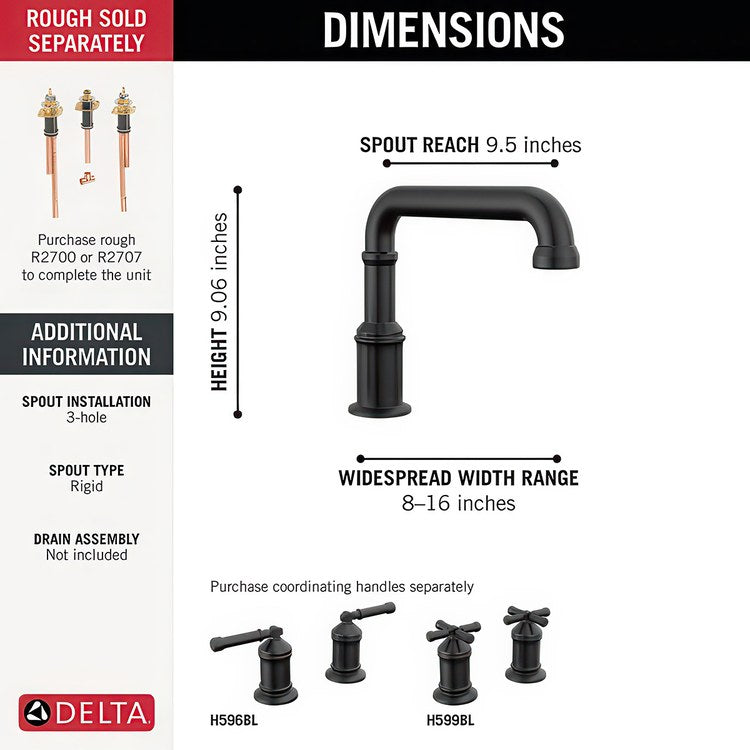 Roman Tub Filler Broderick 8 to 16 Inch Spread Less Handle Matte Black - Image 2