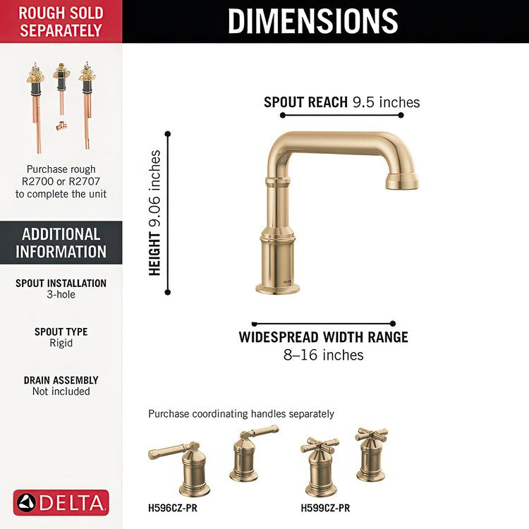 Roman Tub Filler Broderick 8 to 16 Inch Spread Less Handle Lumicoat Champagne Bronze - Image 2