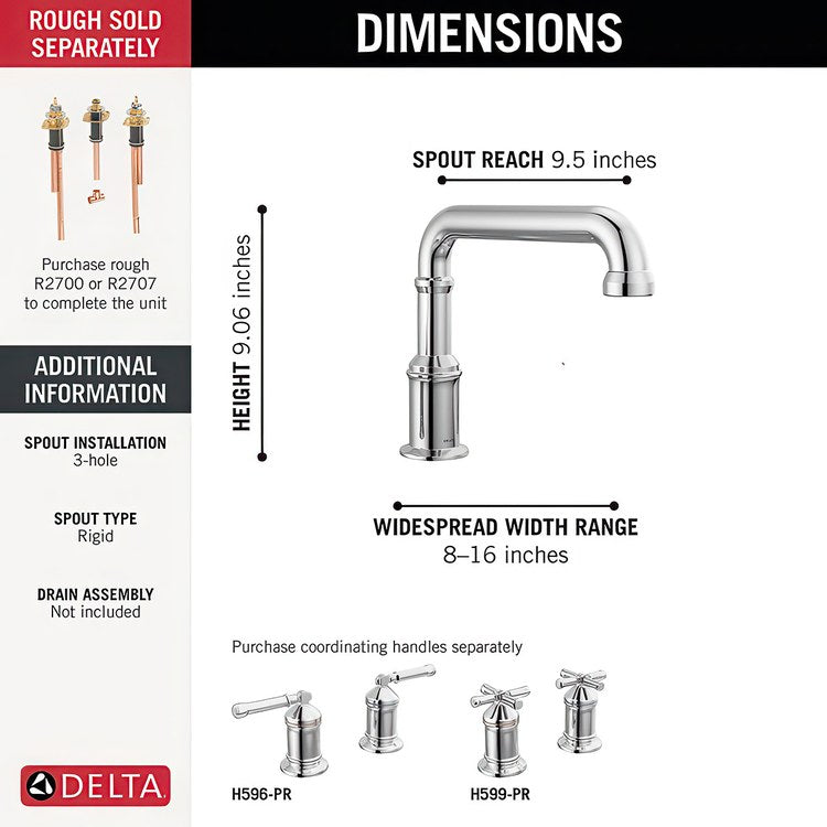 Roman Tub Filler Broderick 8 to 16 Inch Spread Less Handle Lumicoat Chrome - Image 2