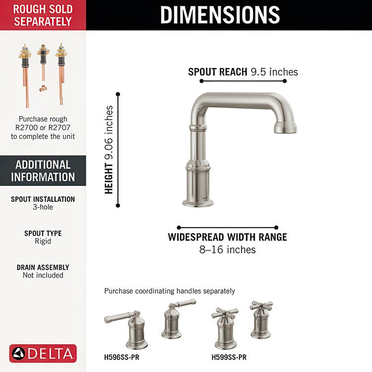 Roman Tub Filler Broderick 8 to 16 Inch Spread Less Handle Lumicoat Stainless - Image 2