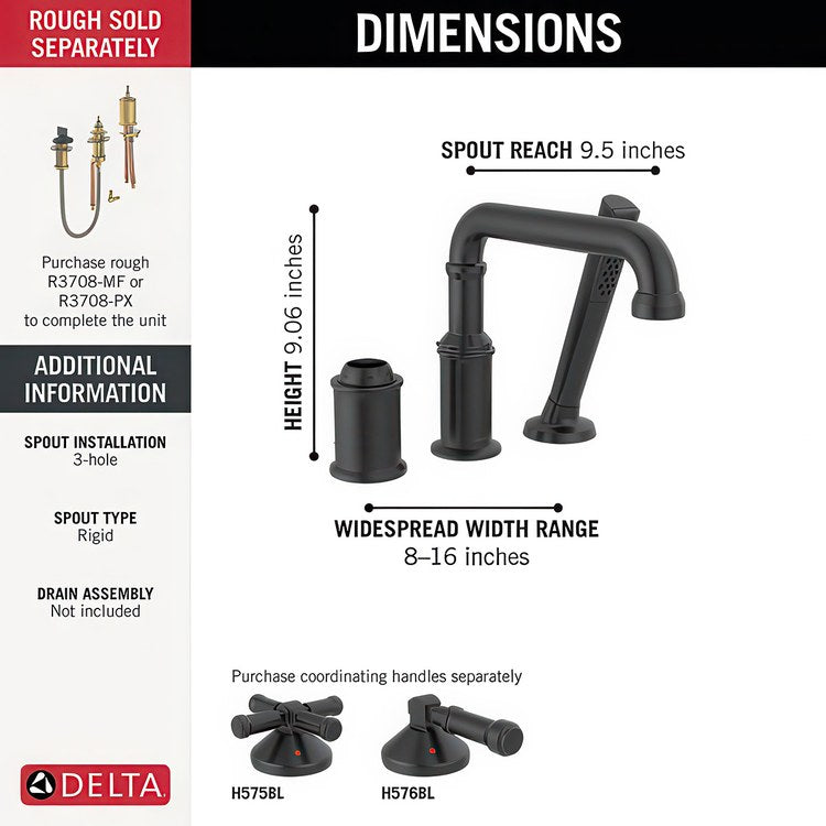 Roman Tub Filler Broderick with Handshower 8 Inch Spread Less Handle Matte Black - Image 2
