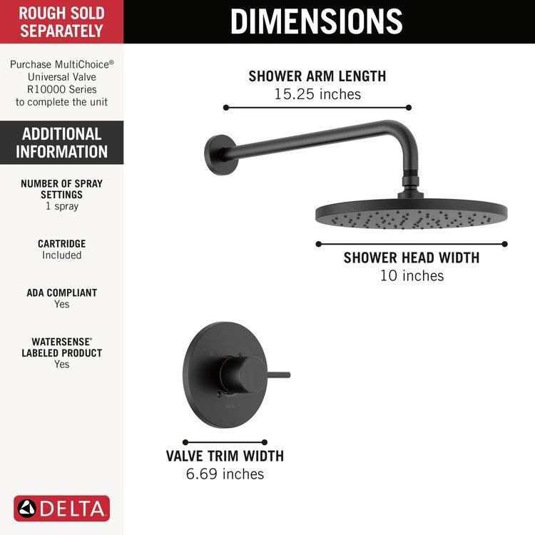 Shower Trim Modern 14 Series Monitor 1 Lever Matte Black WaterSense ADA 1.75 Gallons per Minute Round Raincan for MultiChoice Universal Rough - Image 2