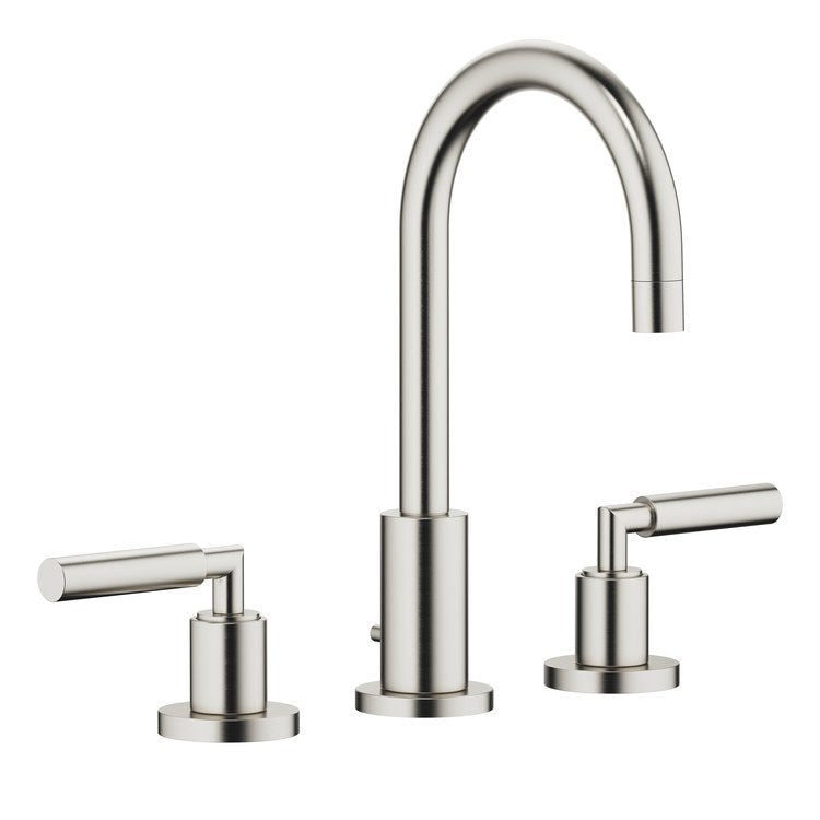 Lavatory Faucet TARA Mixer 2 Lever ADA WaterSense Brushed Platinum 1.2 Gallons per Minute High Arc 360 DEG Swivel Pop-Up 3 Hole