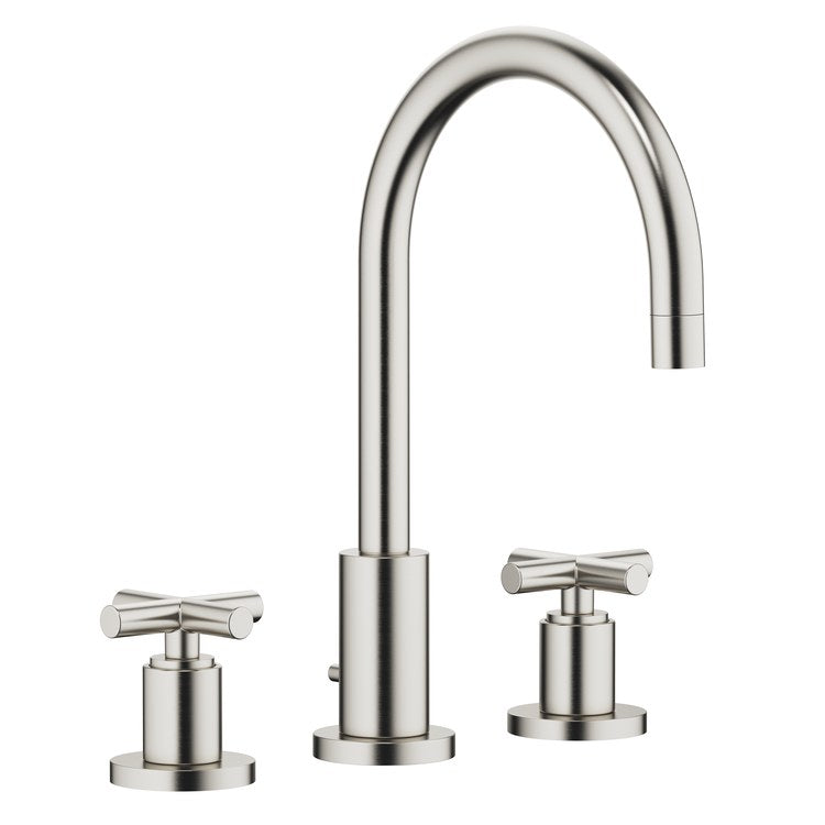 Lavatory Faucet TARA Mixer 2 Cross ADA WaterSense Brushed Platinum 1.2 Gallons per Minute High Arc 360 DEG Swivel Pop-Up 3 Hole - Image 1