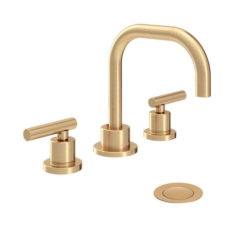 Lavatory Faucet Dia Widespread 8 to 16 Inch Spread 2 Lever ADA Brushed Bronze 0.5 Gallons per Minute Low Arc Metal Push Pop 3 Hole - Image 1