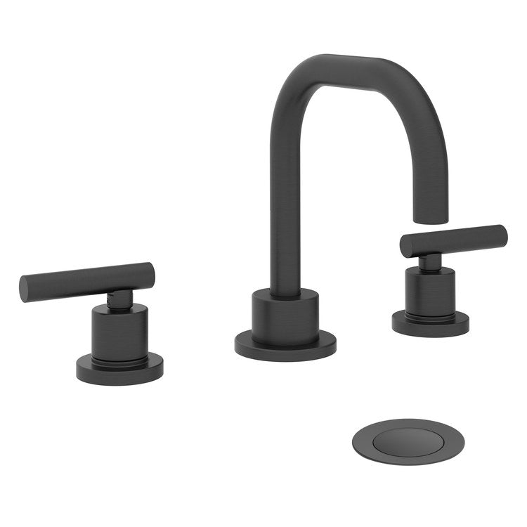 Lavatory Faucet Dia Widespread 8 to 16 Inch Spread 2 Lever ADA Matte Black 0.5 Gallons per Minute Low Arc Metal Push Pop 3 Hole - Image 1