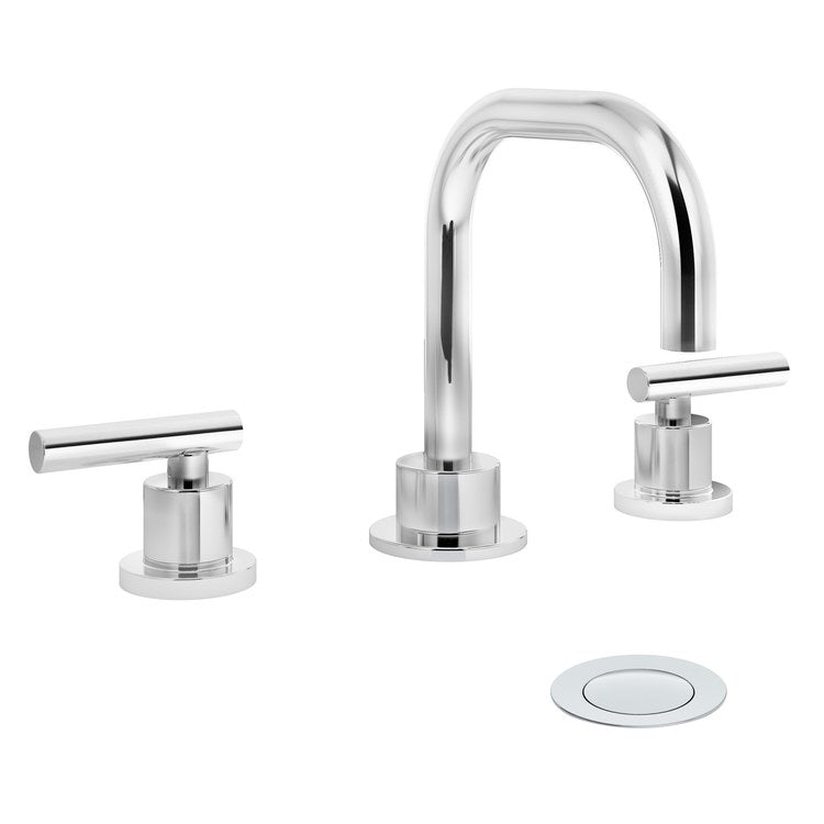 Lavatory Faucet Dia Widespread 8 to 16 Inch Spread 2 Lever ADA Polished Chrome 0.5 Gallons per Minute Low Arc Metal Push Pop 3 Hole