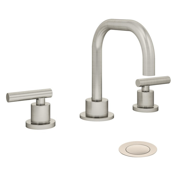 Lavatory Faucet Dia Widespread 8 to 16 Inch Spread 2 Lever ADA Satin Nickel 0.5 Gallons per Minute Low Arc Metal Push Pop 3 Hole