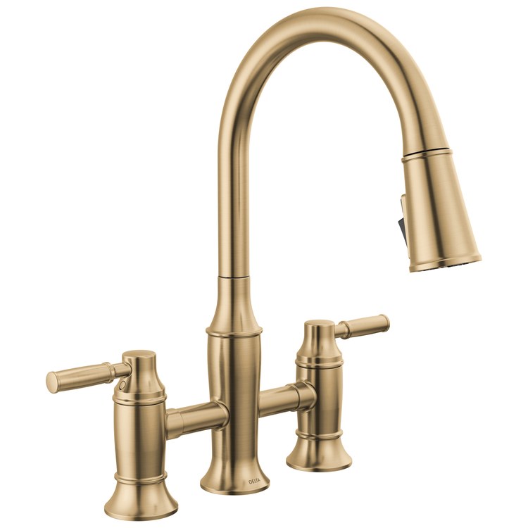Kitchen Faucet Renaldi Widespread Bridge 8 Inch Spread 2 Lever ADA CALGreen Lumicoat Champagne Bronze Pull Down 3 Function High Arc 360 DEG Swivel 3 Hole Deck MangnaTite Docking/Touch-Clean 1.8 Gallons per Minute