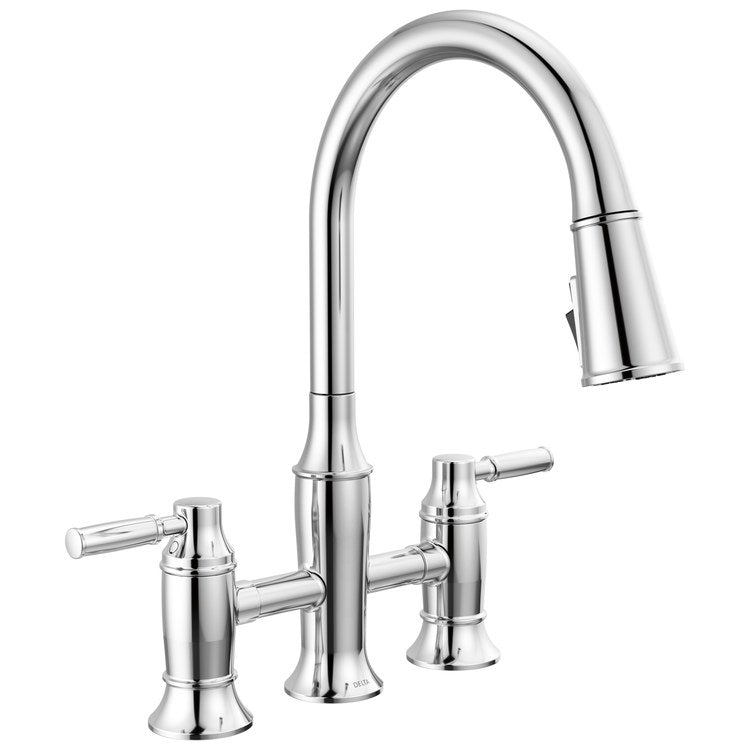 Kitchen Faucet Renaldi Widespread Bridge 8 Inch Spread 2 Lever ADA CALGreen Lumicoat Chrome Pull Down 3 Function High Arc 360 DEG Swivel 3 Hole Deck MangnaTite Docking/Touch-Clean 1.8 Gallons per Minute