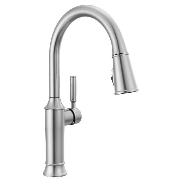 Kitchen Faucet Renaldi 1 Lever ADA No-Lead/CALGreen Lumicoat Arctic Stainless Pull Down 3 Function Gooseneck 360 DEG Swivel 1 Hole Deck Diamond Seal Technology 1.8 Gallons per Minute - Image 1