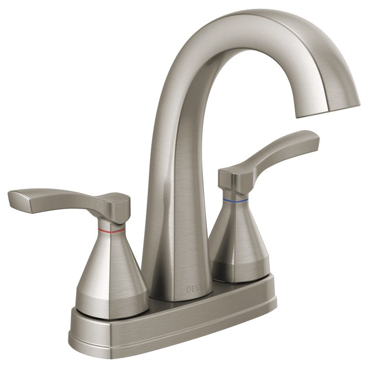 Lavatory Faucet Stryke Centerset 4 Inch Spread 2 Lever ADA WaterSense/CALGreen Lumicoat Stainless 1.2 Gallons per Minute Low Arc Metal Pop-Up 3 Hole Diamond Seal Technology