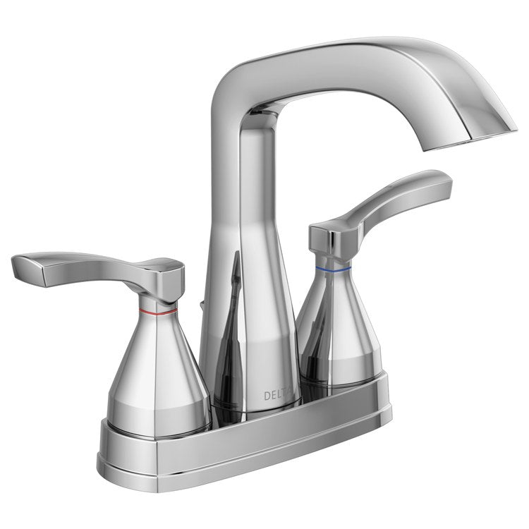 Lavatory Faucet Stryke Centerset 4 Inch Spread 2 Lever ADA WaterSense Lumicoat Chrome 1.2 Gallons per Minute Deck Low Arc Metal Pop-Up 3 Hole Diamond Seal Technology