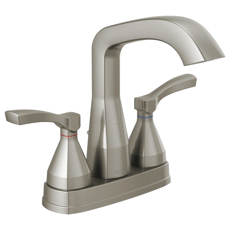 Lavatory Faucet Stryke Centerset 4 Inch Spread 2 Lever ADA WaterSense Lumicoat Stainless 1.2 Gallons per Minute Deck Low Arc Metal Pop-Up 3 Hole Diamond Seal Technology - Image 1