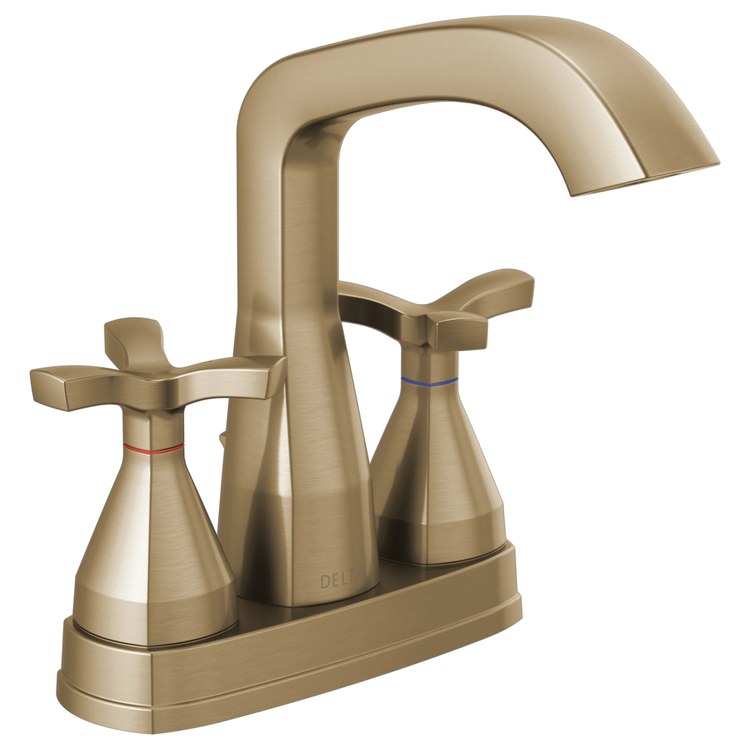 Lavatory Faucet Stryke Centerset 4 Inch Spread 2 Helo ADA WaterSense/CALGreen Lumicoat Champagne Bronze 1.2 Gallons per Minute Low Arc Metal Pop-Up 3 Hole Diamond Seal Technology