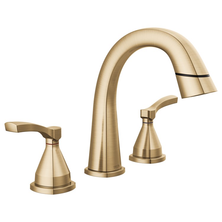 Lavatory Faucet Stryke Widespread 4 to 16 Inch Spread 2 Lever ADA WaterSense Lumicoat Champagne Bronze 1.2 Gallons per Minute Low Arc Metal Pop-Up 3 Hole Diamond Seal