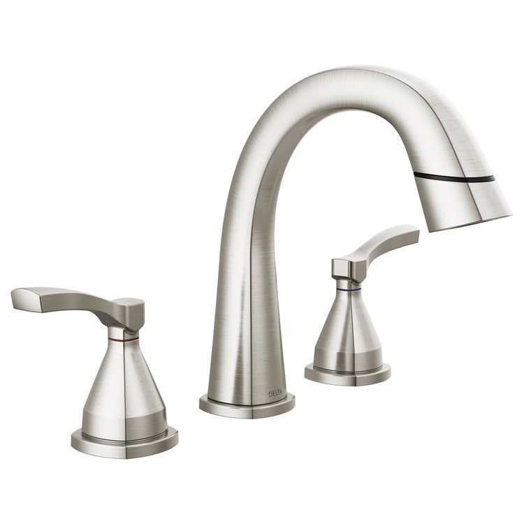 Lavatory Faucet Stryke Widespread 4 to 16 Inch Spread 2 Lever ADA WaterSense Lumicoat Stainless 1.2 Gallons per Minute Low Arc Metal Pop-Up 3 Hole Diamond Seal