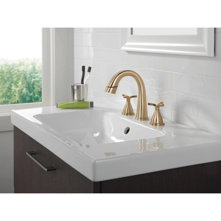 Lavatory Faucet Stryke Widespread 4 to 16 Inch Spread 2 Helo ADA WaterSense Lumicoat Champagne Bronze 1.2 Gallons per Minute Low Arc Metal Pop-Up 3 Hole Diamond Seal - Image 2