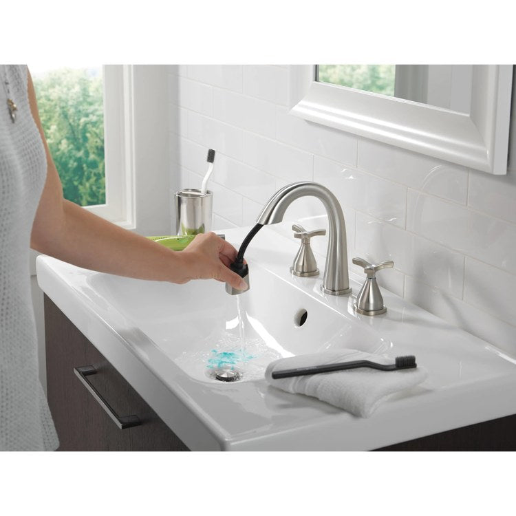 Lavatory Faucet Stryke Widespread 4 to 16 Inch Spread 2 Helo ADA WaterSense Lumicoat Stainless 1.2 Gallons per Minute Low Arc Metal Pop-Up 3 Hole Diamond Seal - Image 2
