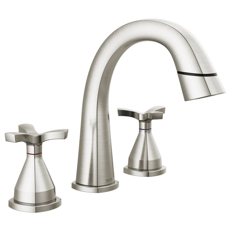 Lavatory Faucet Stryke Widespread 4 to 16 Inch Spread 2 Helo ADA WaterSense Lumicoat Stainless 1.2 Gallons per Minute Low Arc Metal Pop-Up 3 Hole Diamond Seal