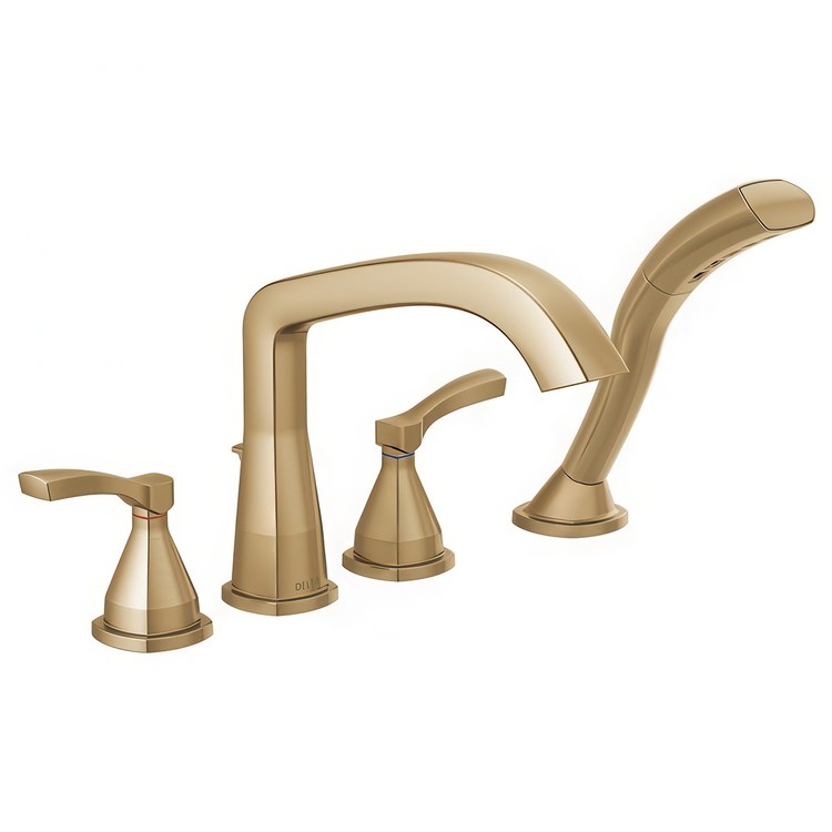 Tub Filler Trim Stryke with Handshower 2 Lever Lumicoat Champagne Bronze WaterSense ADA 8 to 16 Inch Spread Deck - Image 1