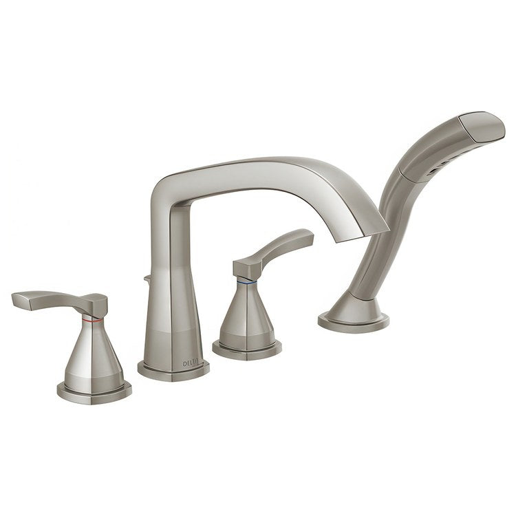 Tub Filler Trim Stryke with Handshower 2 Lever Lumicoat Stainless WaterSense ADA 8 to 16 Inch Spread Deck - Image 1