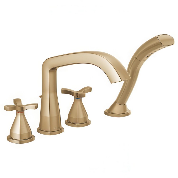 Roman Tub Trim Stryke Floor Mount with Handshower 1 Helo Lumicoat Champagne Bronze WaterSense ADA 8 to 16 Inch Spread 4 Hole for Rough-In R4707/R4707-FLWS - Image 1