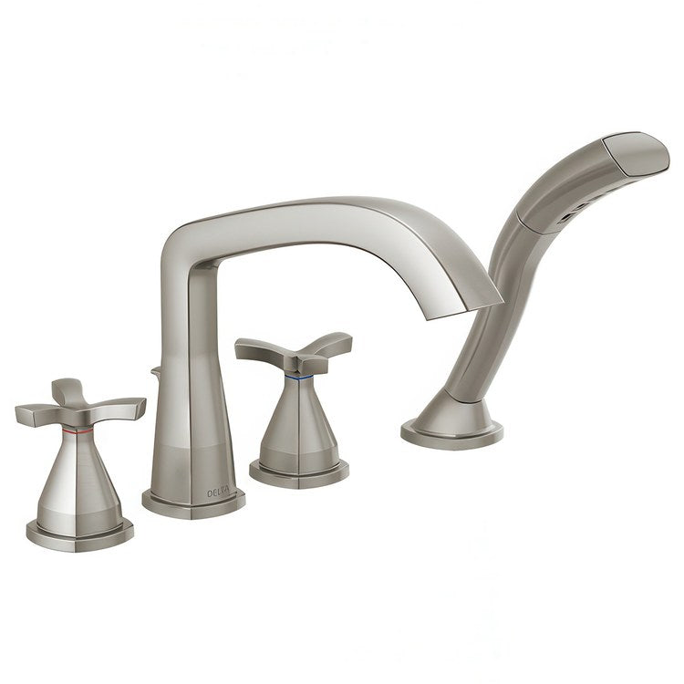Roman Tub Trim Stryke Floor Mount with Handshower 1 Helo Lumicoat Stainless WaterSense ADA 8 to 16 Inch Spread 4 Hole for Rough-In R4707/R4707-FLWS - Image 1