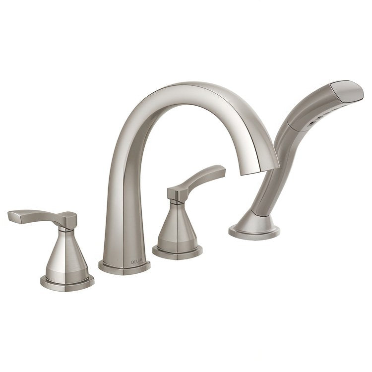 Roman Tub Trim Stryke Floor Mount with Handshower 1 Lever Lumicoat Stainless WaterSense ADA 8 to 16 Inch Spread 4 Hole for Rough-In R4707 - Image 1