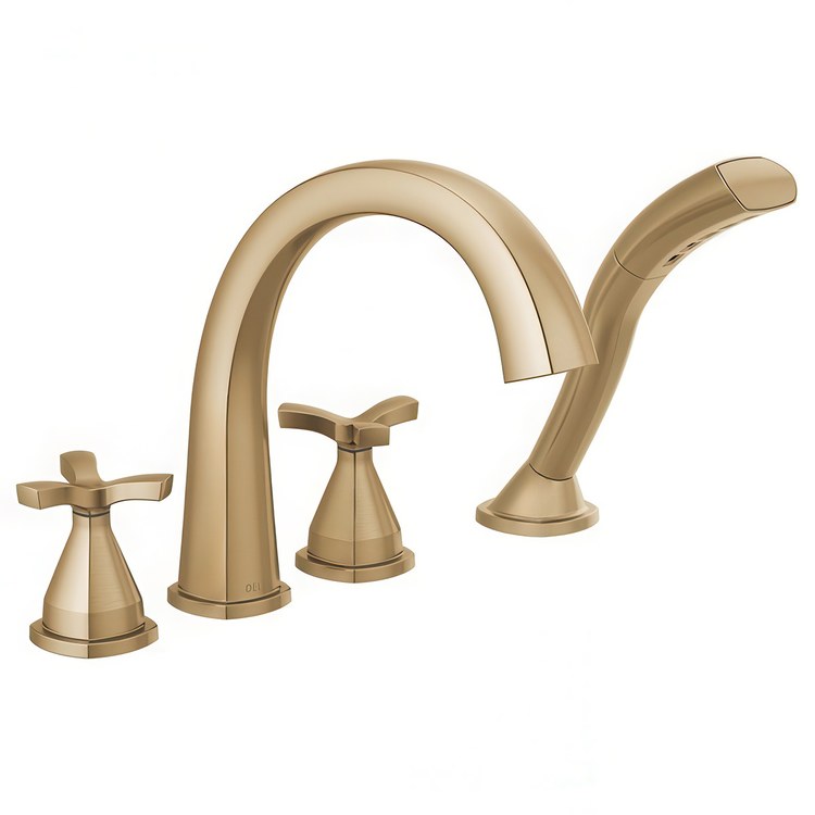 Roman Tub Trim Stryke Floor Mount with Handshower 2 Helo Lumicoat Champagne Bronze WaterSense ADA 8 to 16 Inch Spread 4 Hole for Rough-In R4707 - Image 1
